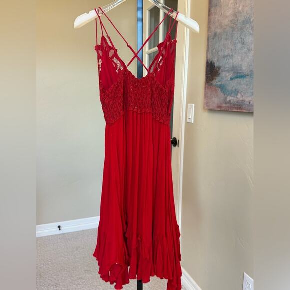 Free People FP One Red Lace Crochet Mini Dress Womens Small Boho Festival - Picture 3 of 5